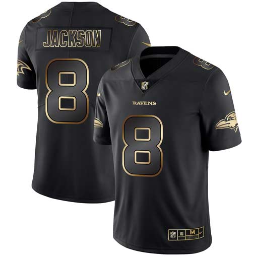 Men's Baltimore Ravens #8 Lamar Jackson 2019 Black Gold Edition Stitched NFL Jersey